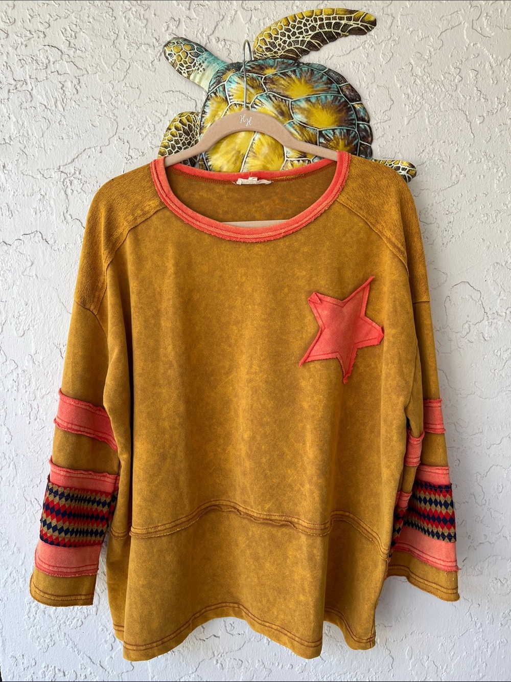 Easel Deep Mustard Yellow Pullover Sweatshirt w/Coral & Black Print Accents